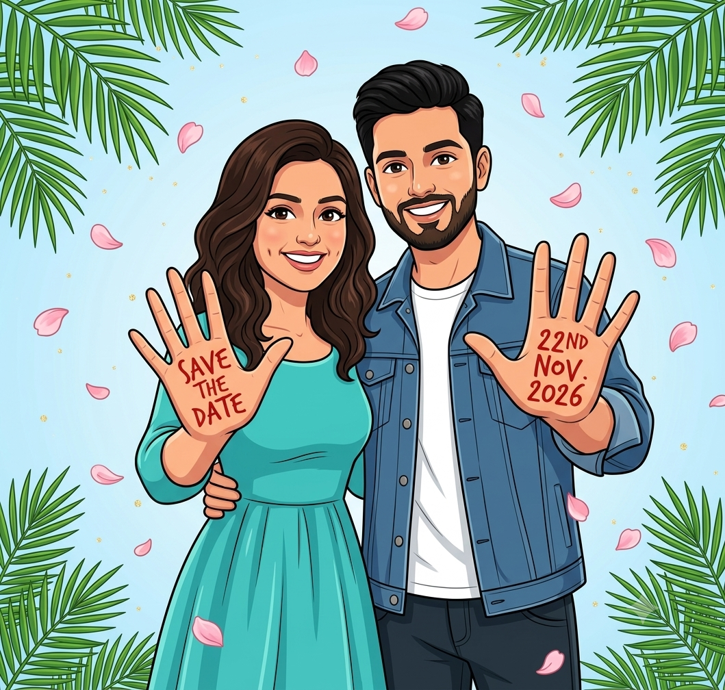 smiling young Indian couple announcing their wedding